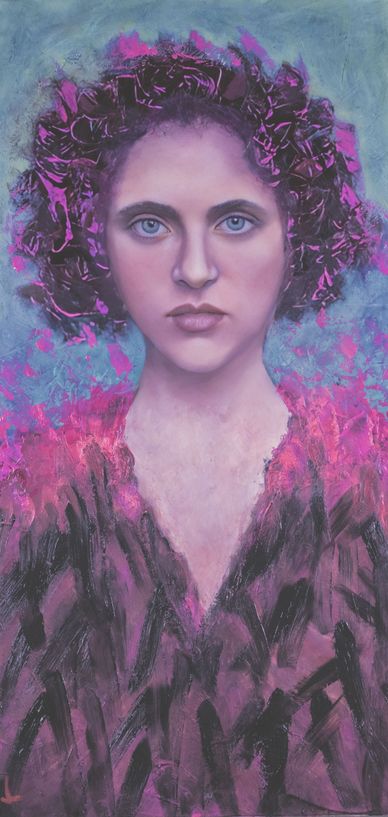 Surreal portrait of a woman with curly hair in vibrant purples and blues.