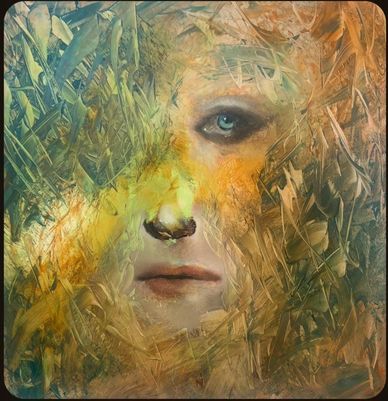Abstract painting blending a woman's face with textured foliage and earthy tones.