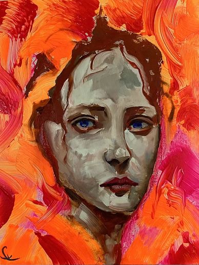 Expressionist portrait of a woman with blue eyes surrounded by fiery orange and red brushstrokes.