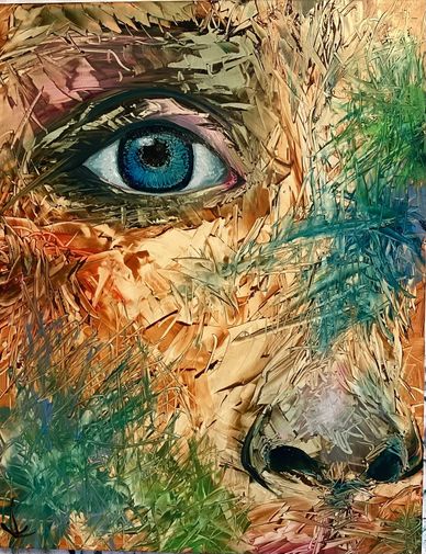 Abstract close-up painting of a face with a striking blue eye and textured colors.