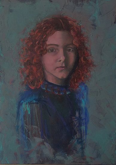 Portrait of a girl with curly red hair in blue tones.