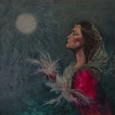 Portrait of a woman in red under a glowing orb.