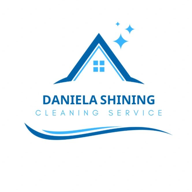 Logo for Daniela Shining Cleaning Service featuring a blue house and sparkling stars.