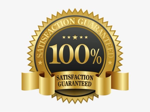 100% satisfaction guaranteed badge with gold ribbon.