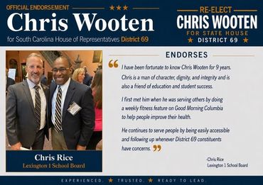 Campaign endorsement poster for Chris Wooten for South Carolina House District 69.