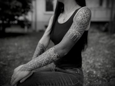 nordic ornamental tattoo, arm sleeve viking, tattoo by Pierre Marcel tattoos, Munich, Germany