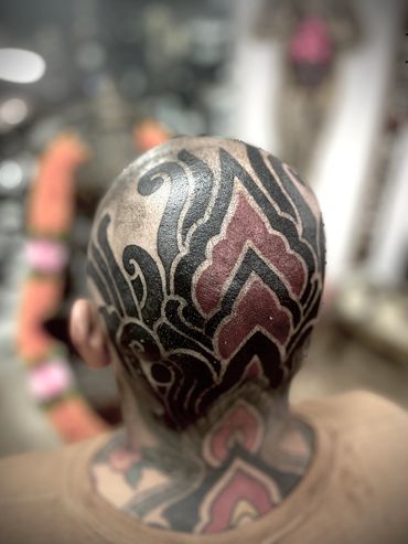 Head freehand tattoo blackwork ornamental by Pierre marcel tattoos, Munich, Germany.