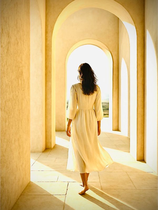 A woman walking barefoot through a minimalist stone courtyard-golden light, long shadows, fabric flo