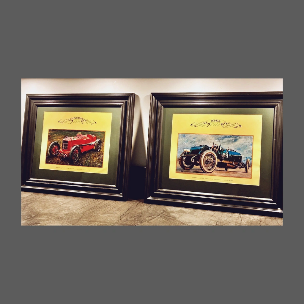 matched pair of 2 lithographs showing an Opel 1913 & an Alfa Romeo P2 1924 racing cars