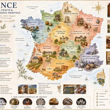 Map of French heritage regions highlighting traditional crafts and artisanal heritage - Featured in The Nomadic Dwelling French Design Heritage Journey, an exclusive immersive travel experience for architects, interior designers, collectors and those who understand heritage and provenance, September 2026