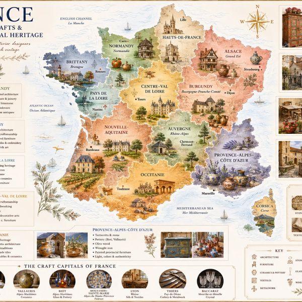 Illustrated map of French Heritage design regions -loire Valley, Dordogne, Occitanie, and Paris - itinerary of The Nomadic Dwelling exclusive French Design Heritage Journey September 2026
