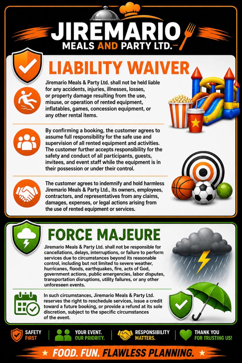 Liability waiver and force majeure policy for Jiremario Meals and Party Ltd.