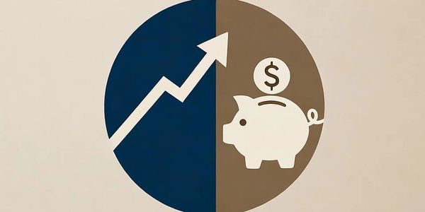 Piggy bank and upward graph symbol in a split circle.