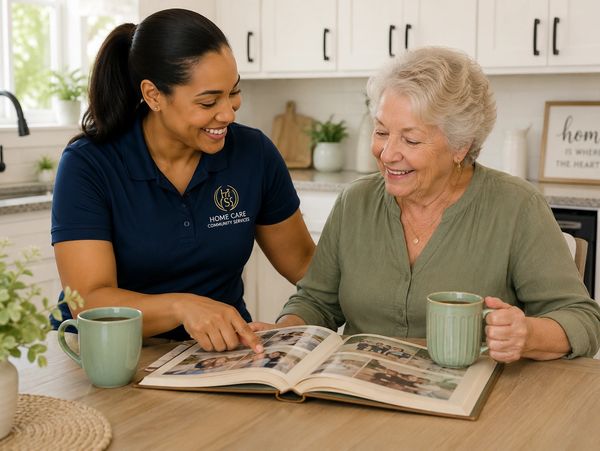 Caregiver and elderly woman enjoy looking at a photo album together.