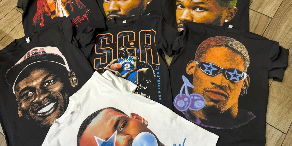 Collection of graphic t-shirts with celebrity faces and text.