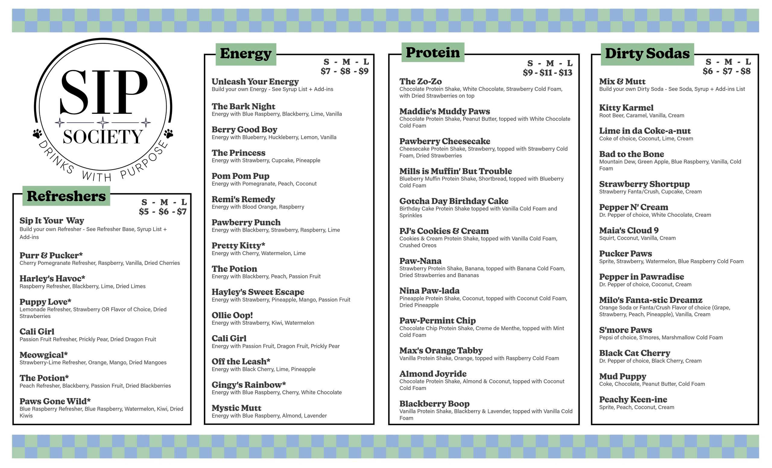 SIP Society menu with Refreshers, Energy, Protein, and Dirty Sodas categories.