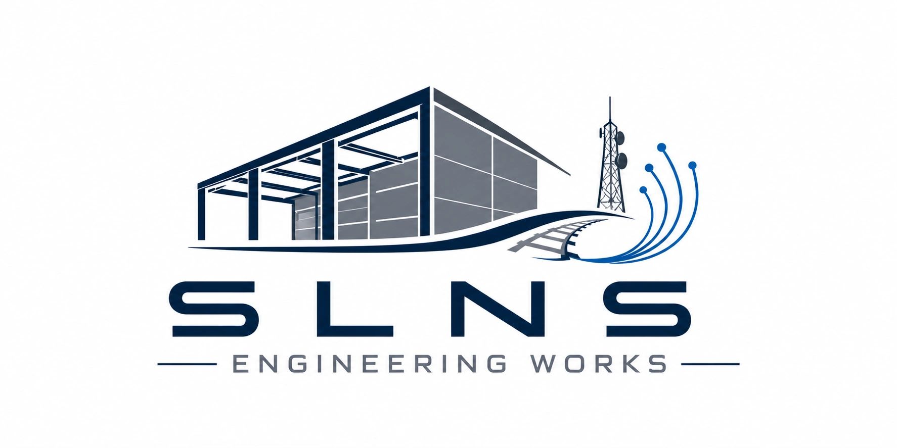 SLNS Engineering Works logo with building, railway, and communication tower.