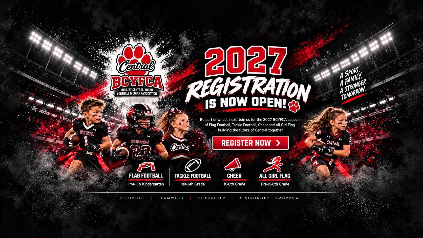 2027 BCYFCA registration open for youth sports and cheer programs.
