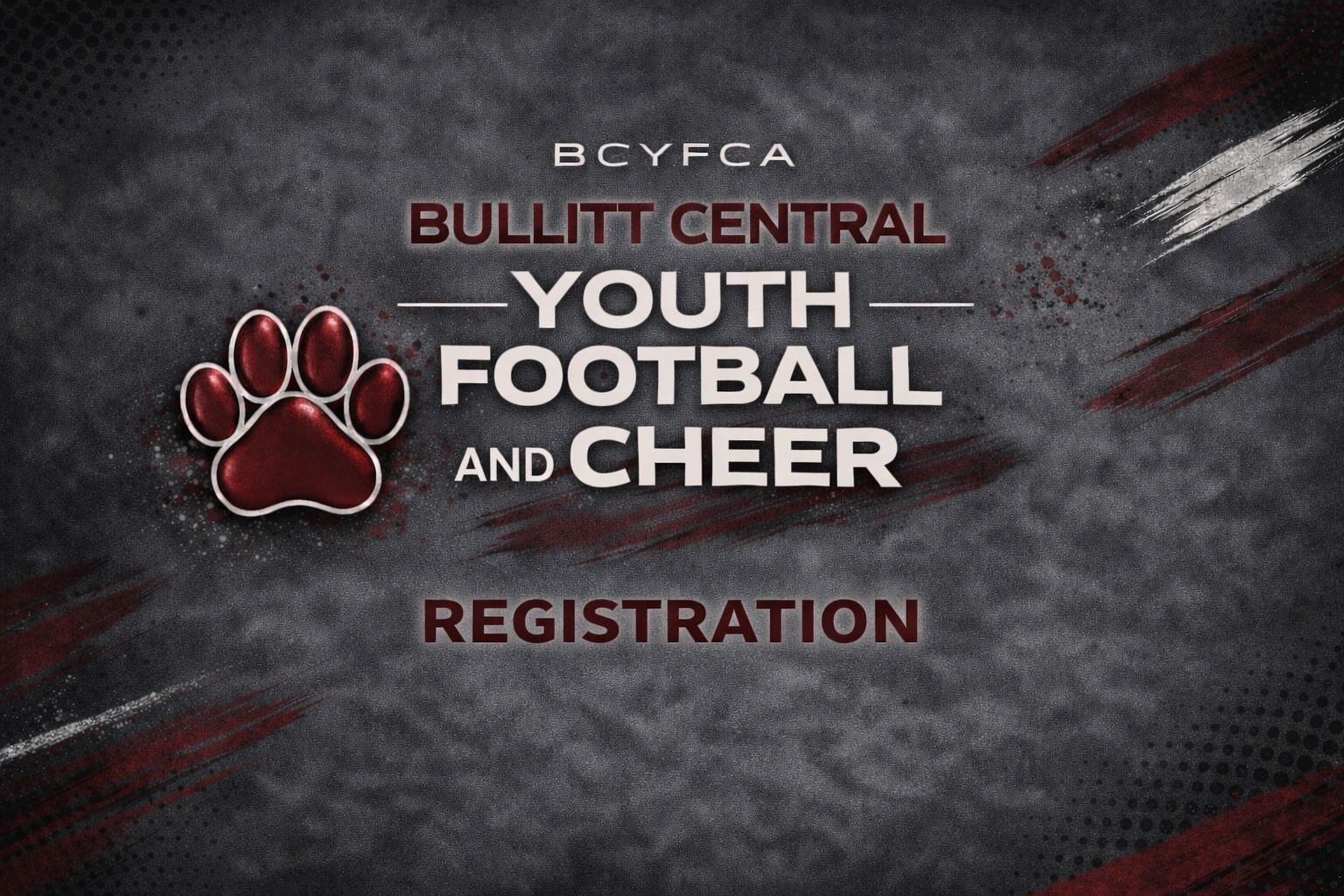 Bullitt Central Youth Football and Cheer registration announcement with paw print logo.