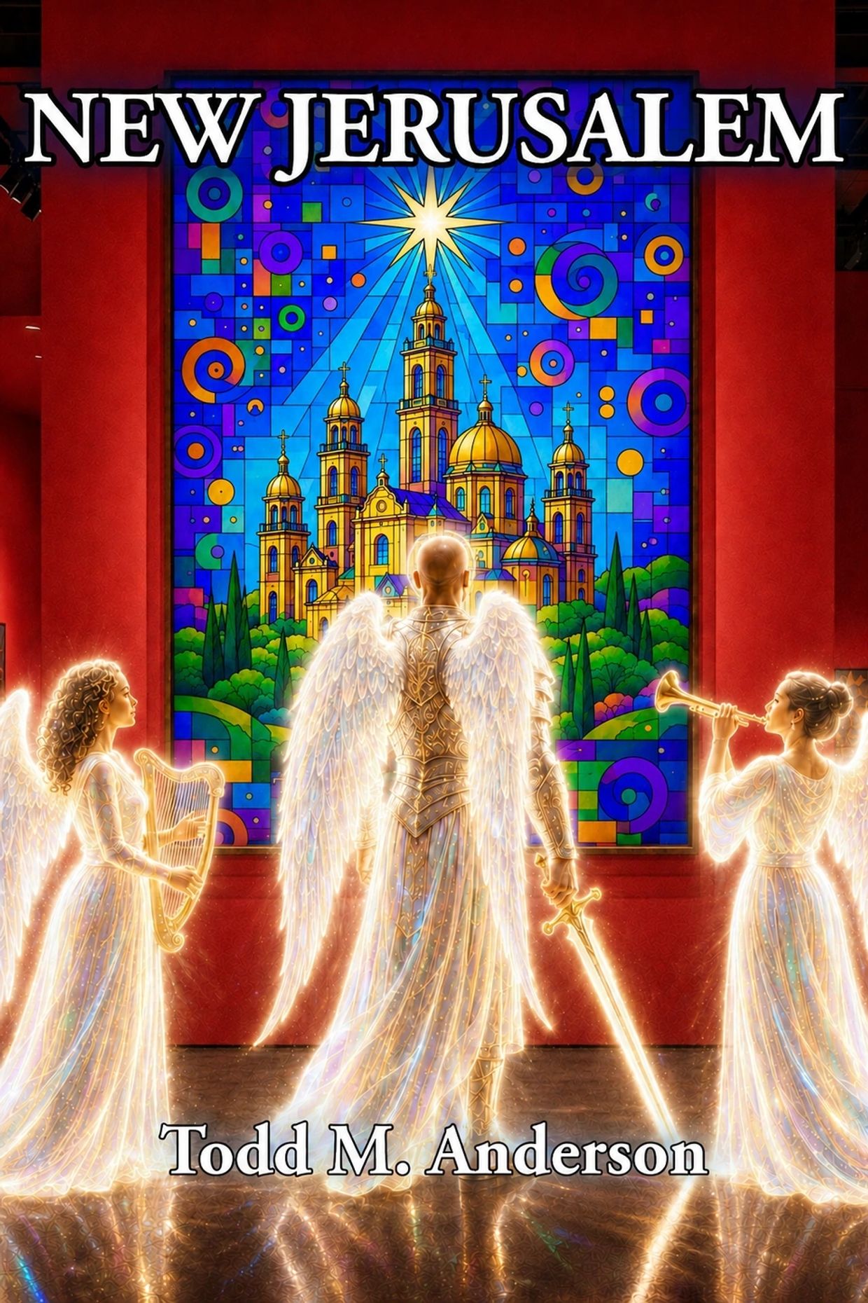 Angelic figures before a stained glass depiction of New Jerusalem.