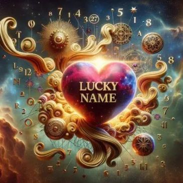 A glowing heart with 'Lucky Name' surrounded by mystical numbers and golden swirls.