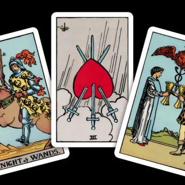 Three tarot cards showing Knight of Wands, Three of Swords, and Two of Cups.