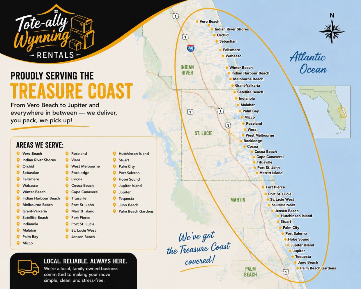 Delivery service covering Treasure Coast from Vero Beach to Jupiter.