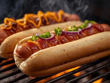 Two hot dogs on a grill, garnished with onions and mustard.