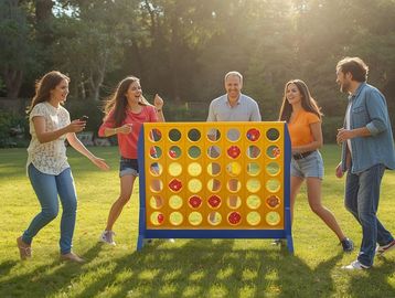 Five friends playing giant Connect Four outdoors on a sunny day.