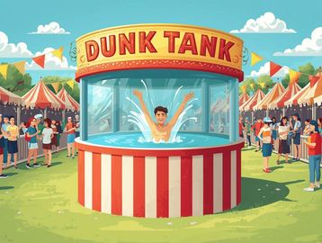 A person splashes inside a dunk tank at a lively carnival.