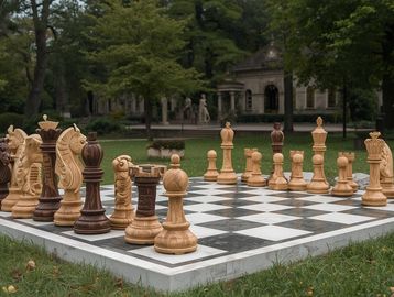 Large outdoor chess set placed on a stone board in a park.