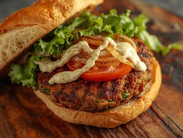 Close-up of a veggie burger with lettuce, tomato, grilled onions, and sauce on a bun.