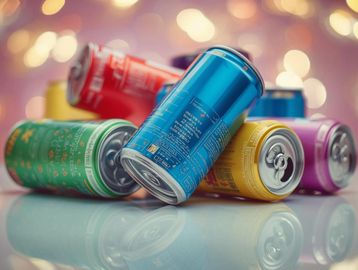 Colorful soda cans scattered on a reflective surface with bokeh lights in the background.