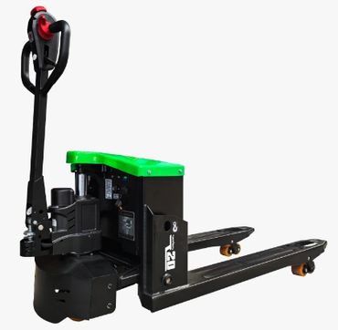 Electric pallet jack with green and black design on white background.