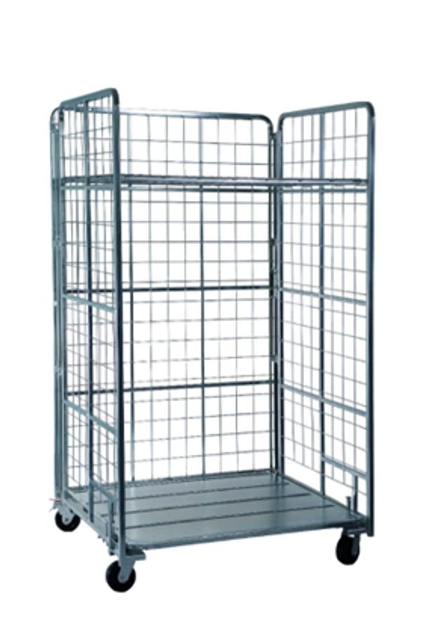 A metal rolling cage cart with mesh sides and four wheels.