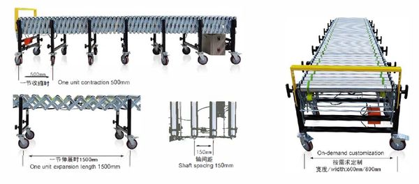 Expandable and customizable roller conveyor with wheels for easy transport.