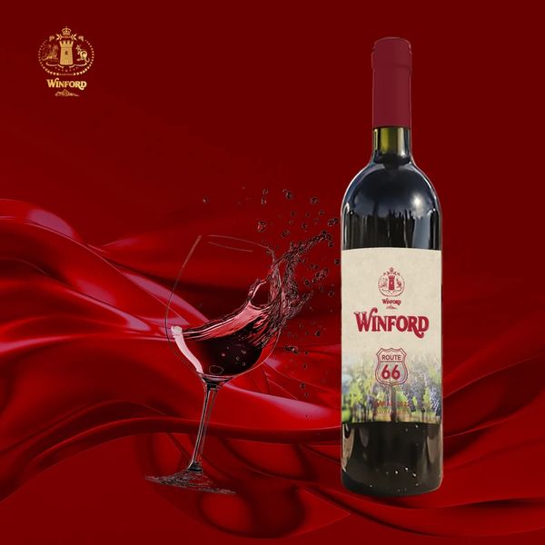 Winford Route 66 red wine bottle with splash effect on red background.