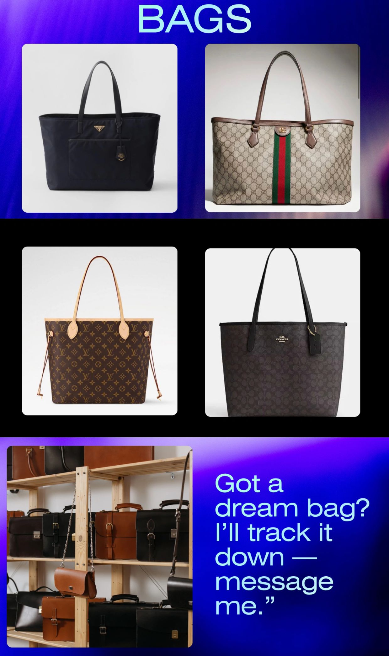 Various luxury bags and purses displayed with a message.