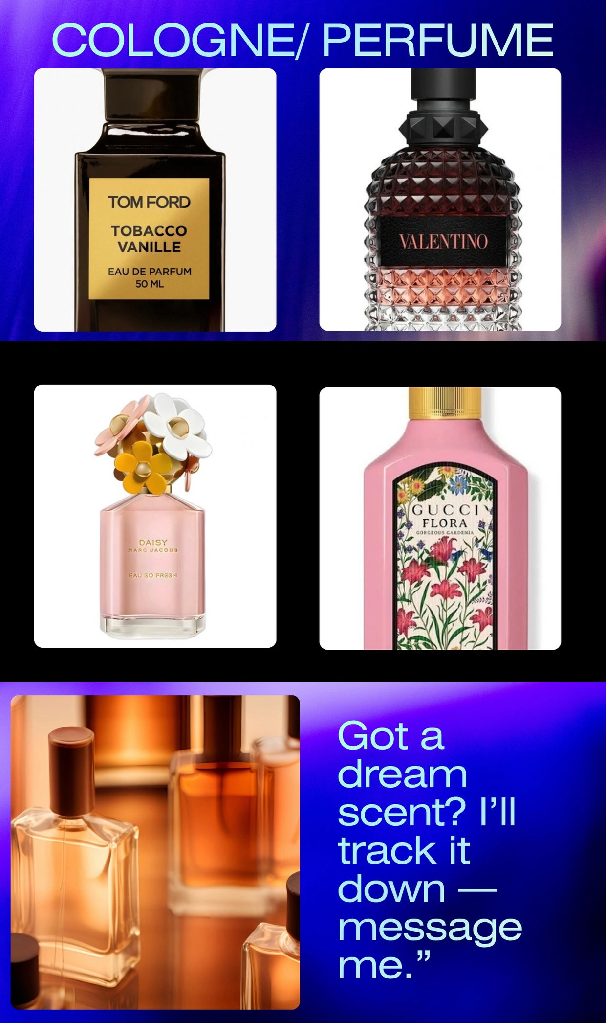 A collage of luxury perfume bottles with a quote.