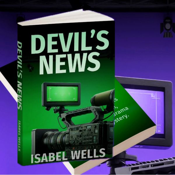 Book cover of 'Devil's News' by Isabel Wells with a video camera graphic.