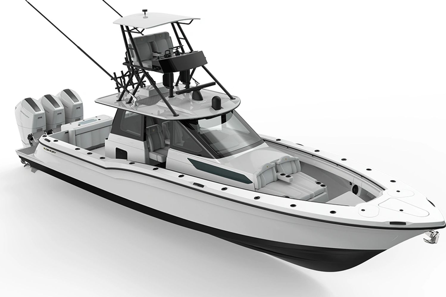 A computer generated image of a sleek looking boat that is designed to offer a combination of both f