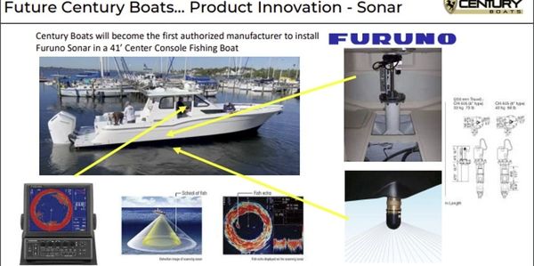 A combination of photos and diagrams depicting a Century Boat outfitted with a Furuno sonar. Additio