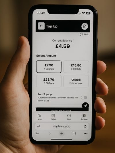 Mobile top-up screen showing balance and data plans.