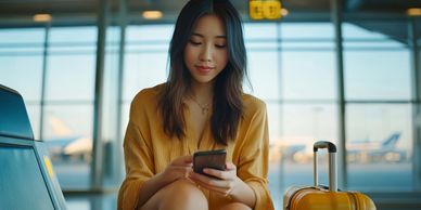 Asian woman sat at an airport checking her mobile phone