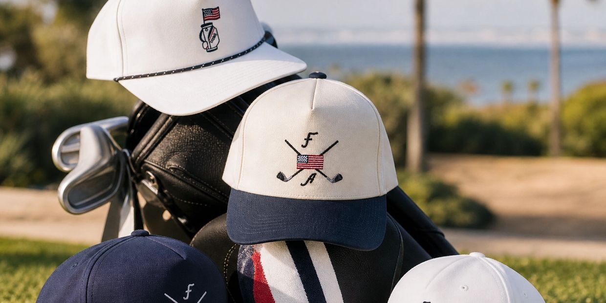 Golf caps with American flag designs displayed on golf bags.