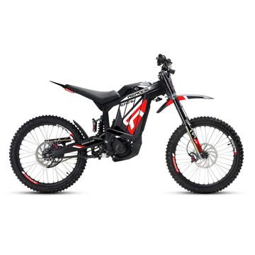 Sleek black and red electric dirt bike with mountain tires.