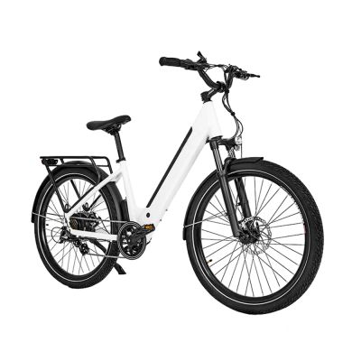 Sleek white electric bike with black accents and sturdy tires.