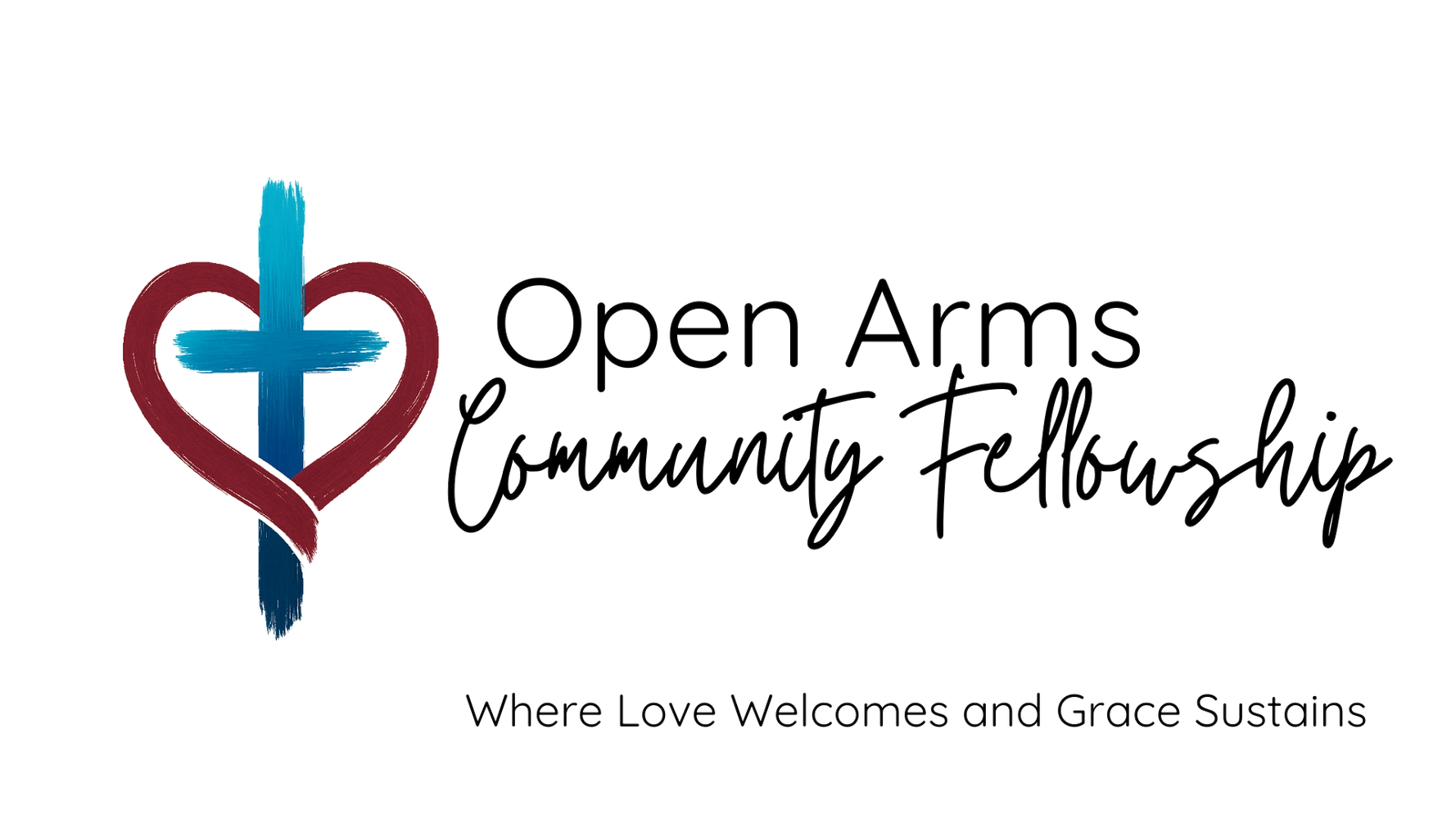 Logo for Open Arms Community Fellowship with heart and cross symbol.