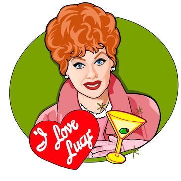 Illustration of Lucille Ball with 'I Love Lucy' heart and martini glass.