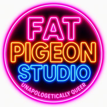 Neon sign for Fat Pigeon Studio, unapologetically queer.